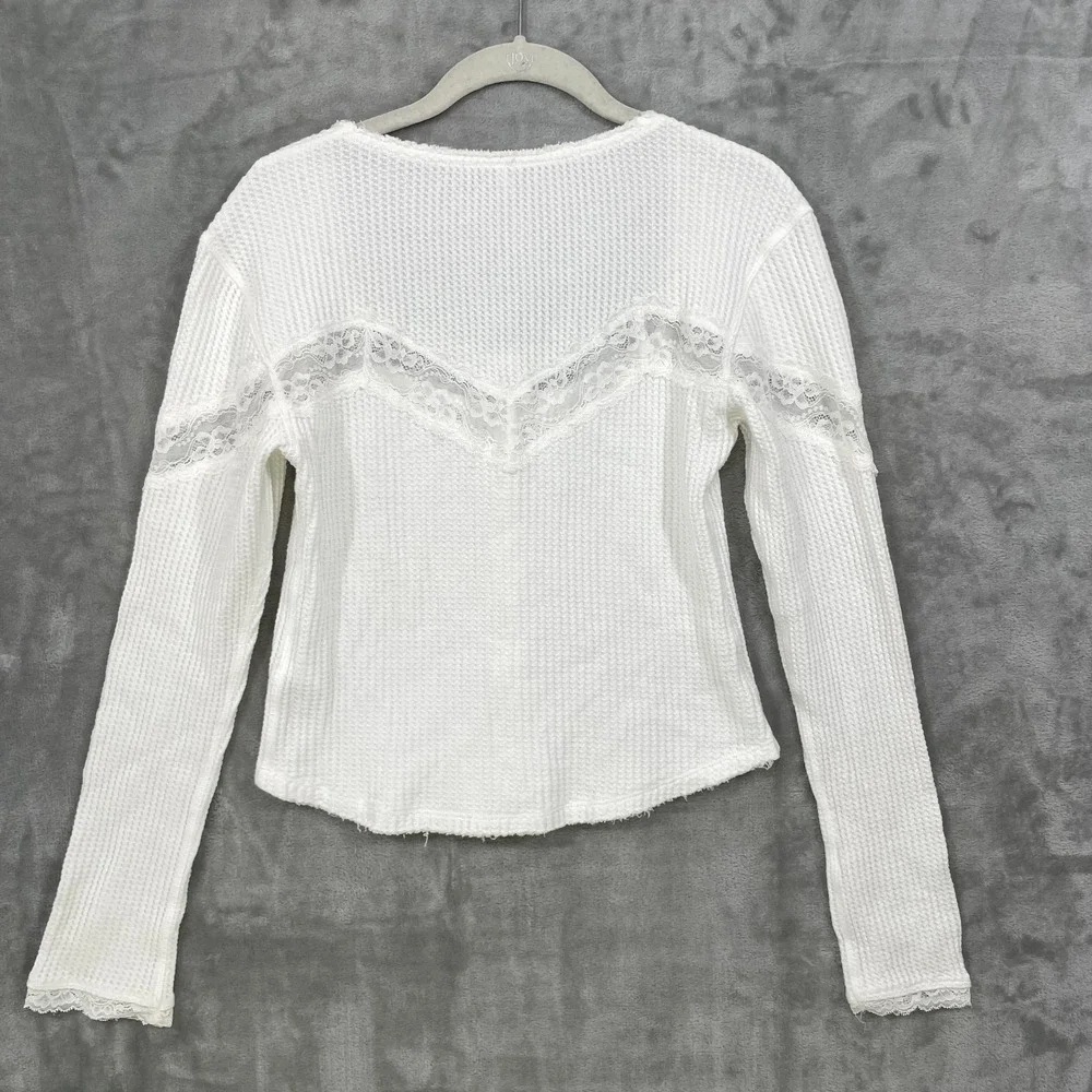 Free People Size M Cotton Lets Party Cardi Lace Top White Waffle Knit Lace Trim